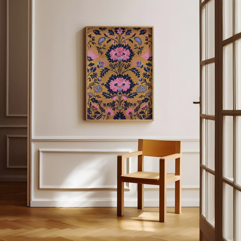 Room view with a full frame of A victorian textile print, symmetric a floral pattern