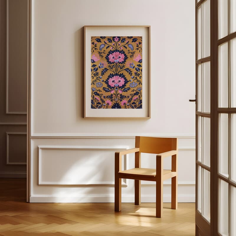 Room view with a matted frame of A victorian textile print, symmetric a floral pattern