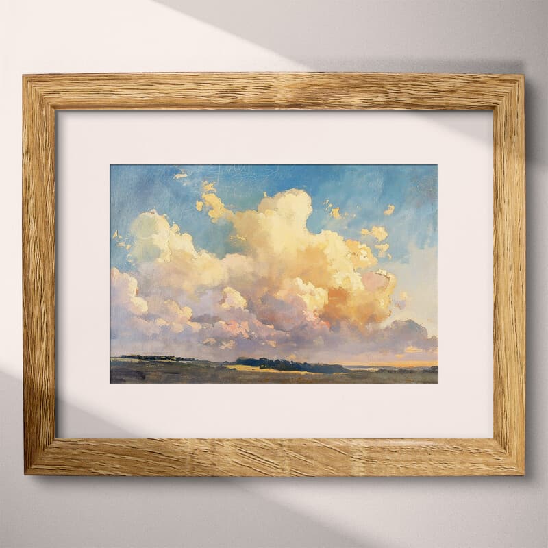 Matted frame view of An impressionist oil painting, puffy clouds at dawn