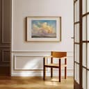 Room view with a matted frame of An impressionist oil painting, puffy clouds at dawn