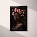 Full frame view of An afrofuturism oil painting, a portrait of a woman with pink flowers in her hair