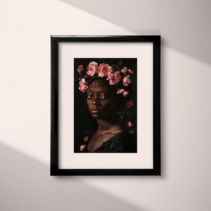 Matted frame view of An afrofuturism oil painting, a portrait of a woman with pink flowers in her hair