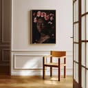 Room view with a full frame of An afrofuturism oil painting, a portrait of a woman with pink flowers in her hair