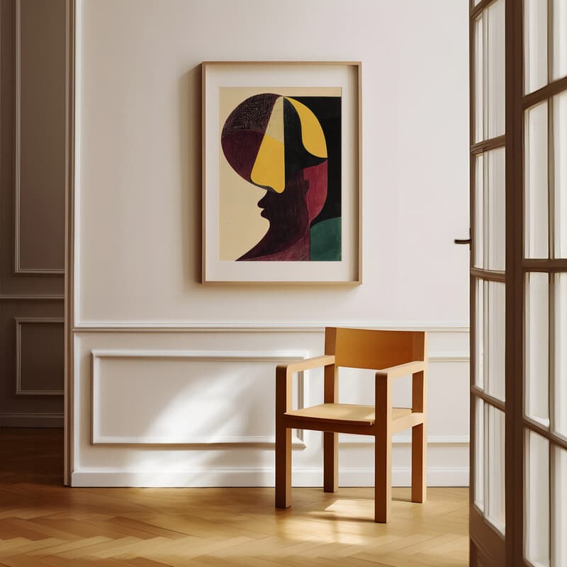 Room view with a matted frame of An abstract maximalist pastel pencil illustration, an exaggerated shape