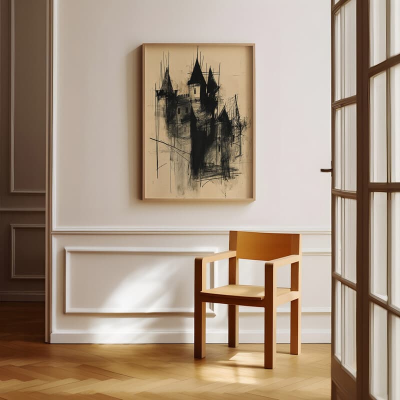 Room view with a full frame of A vintage graphite sketch, a castle