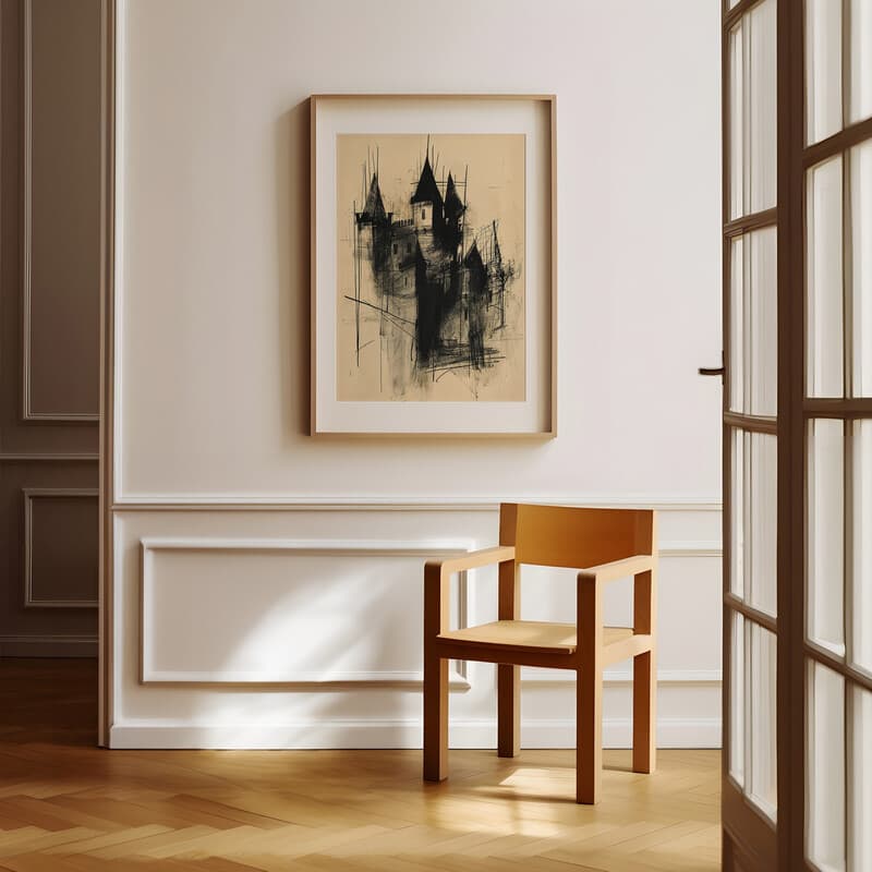Room view with a matted frame of A vintage graphite sketch, a castle