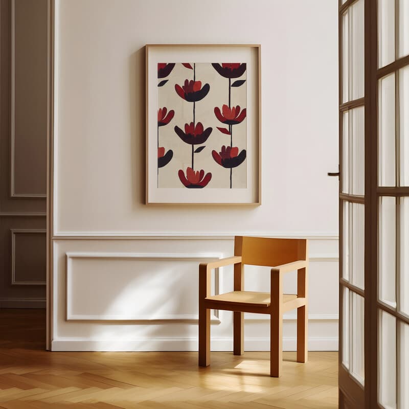 Room view with a matted frame of A bauhaus textile print, a simple pattern