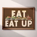 Full frame view of A vintage linocut print, the words "EAT UP" with a buffet of food