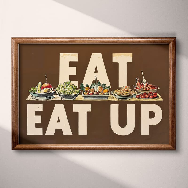 Full frame view of A vintage linocut print, the words "EAT UP" with a buffet of food