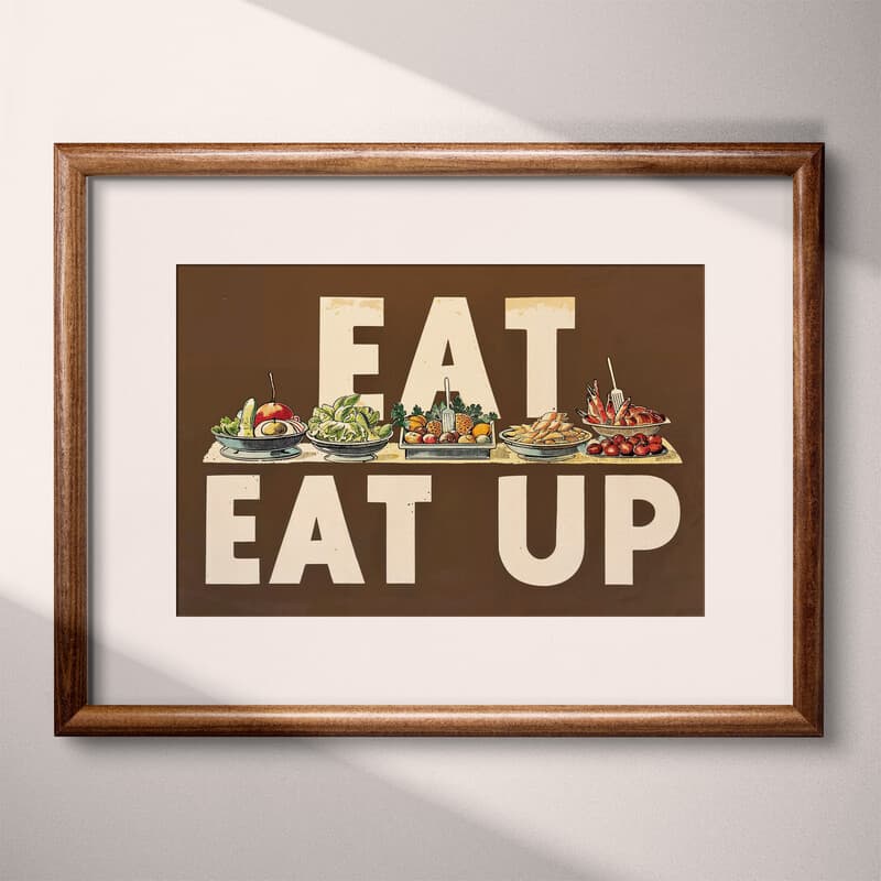 Matted frame view of A vintage linocut print, the words "EAT UP" with a buffet of food