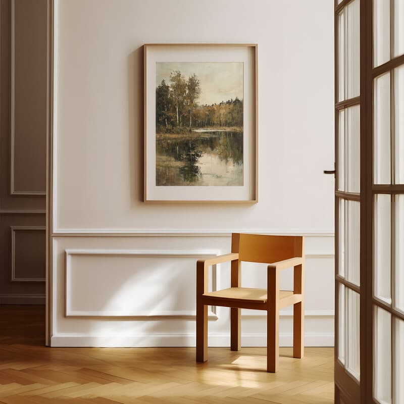 Room view with a matted frame of A vintage oil painting, a national park