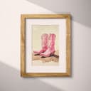 Matted frame view of A southwestern pastel pencil illustration, pink cowboy boots