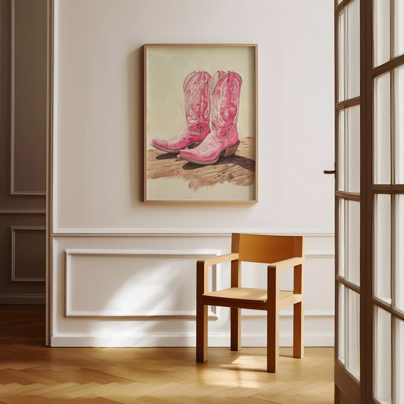 Room view with a full frame of A southwestern pastel pencil illustration, pink cowboy boots