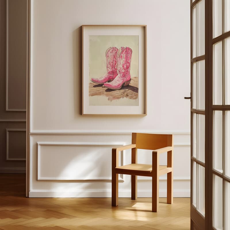 Room view with a matted frame of A southwestern pastel pencil illustration, pink cowboy boots