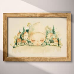 Village Digital Download | Landscape Wall Decor | Architecture Decor | White, Brown, Green and Red Print | Chibi Wall Art | Kids Art | Housewarming Digital Download | Autumn Wall Decor | Colored Pencil Illustration