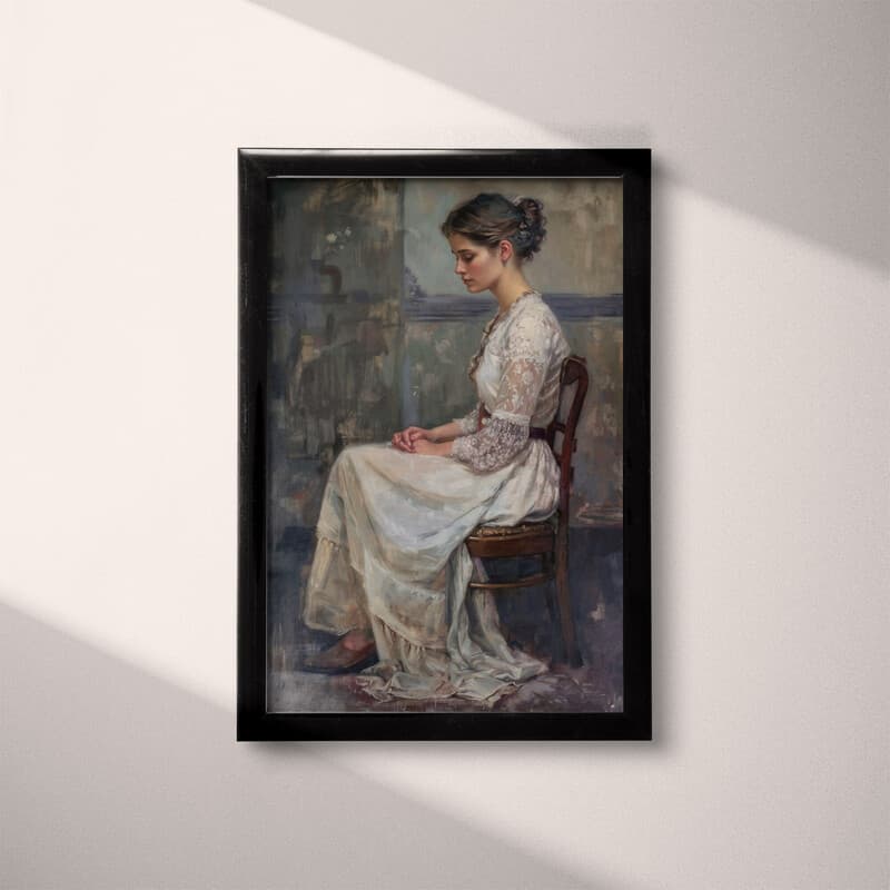 Full frame view of A vintage oil painting, a woman sitting on a chair, side view