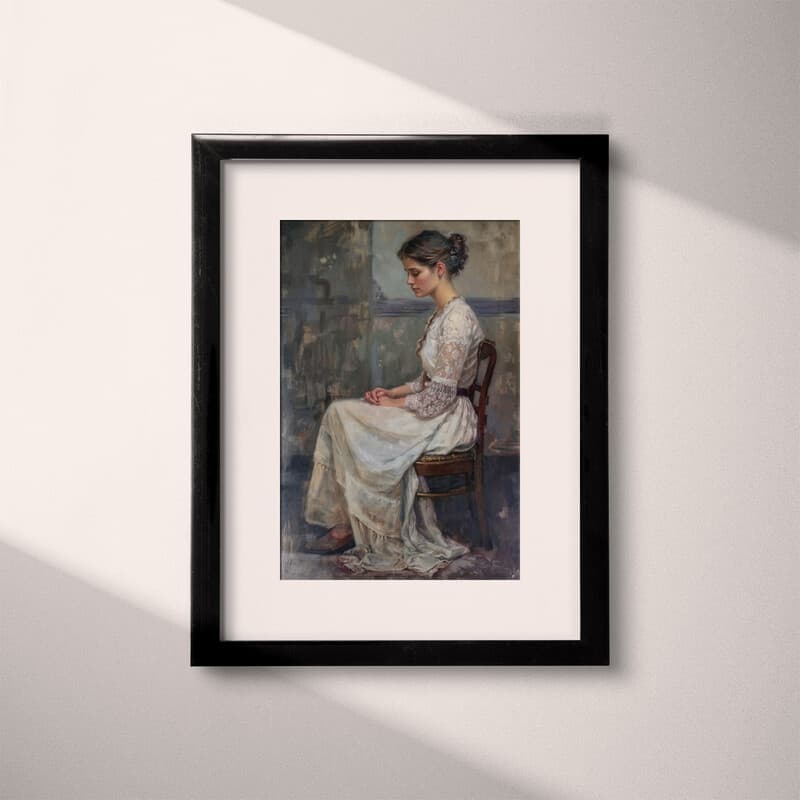 Matted frame view of A vintage oil painting, a woman sitting on a chair, side view