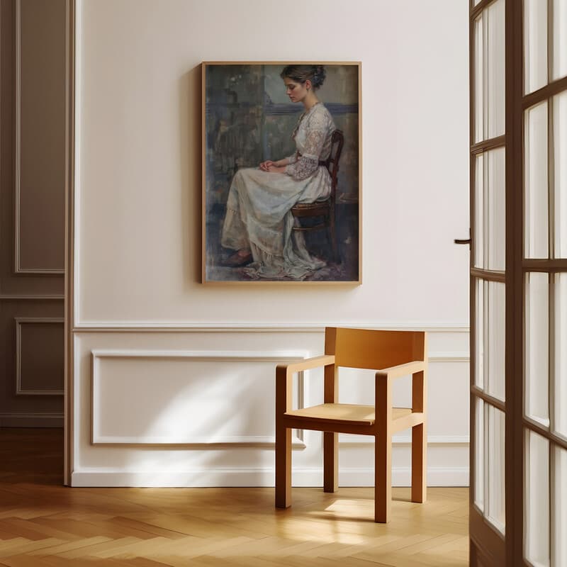 Room view with a full frame of A vintage oil painting, a woman sitting on a chair, side view