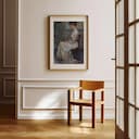 Room view with a matted frame of A vintage oil painting, a woman sitting on a chair, side view