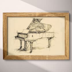 Piano Art | Music Wall Art | Music Print | Beige, Black, Brown and Green Decor | Vintage Wall Decor | Living Room Digital Download | Housewarming Art | Autumn Wall Art | Graphite Sketch