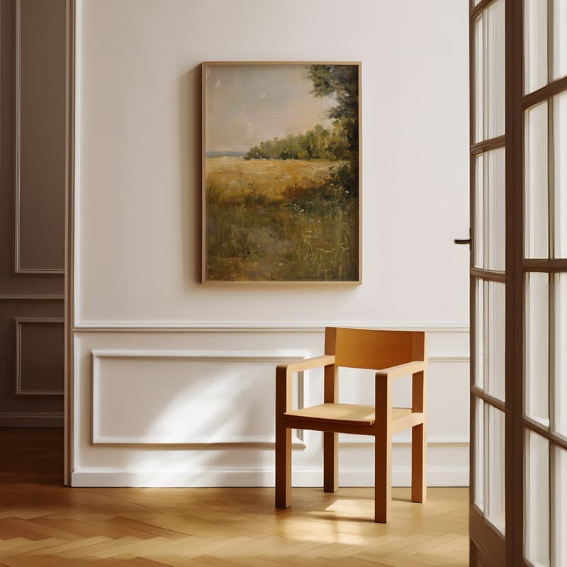 Room view with a full frame of An impressionist oil painting, a summer landscape with an open field