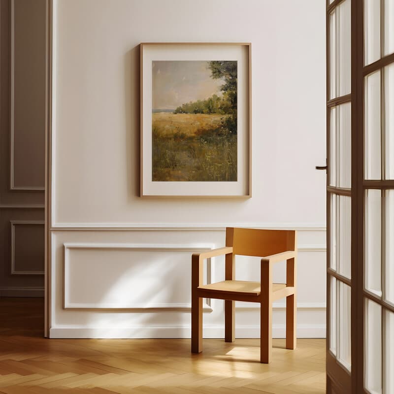 Room view with a matted frame of An impressionist oil painting, a summer landscape with an open field