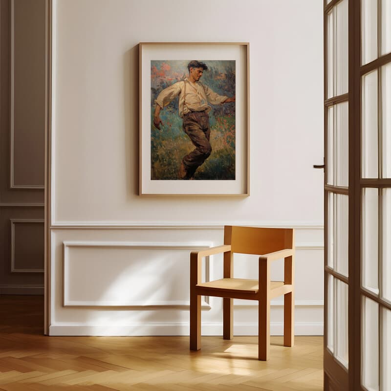 Room view with a matted frame of An art nouveau oil painting, a man dancing