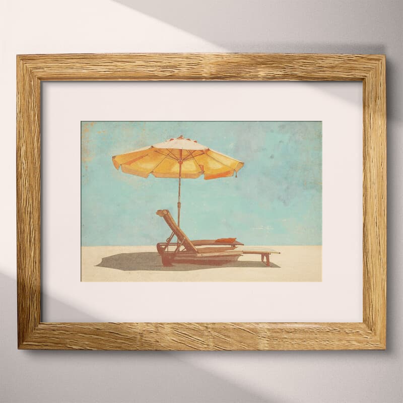 Matted frame view of A retro pastel pencil illustration, a beach chair and umbrella