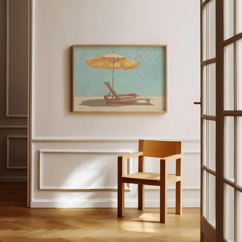 Room view with a full frame of A retro pastel pencil illustration, a beach chair and umbrella