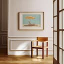 Room view with a matted frame of A retro pastel pencil illustration, a beach chair and umbrella