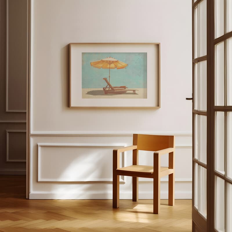 Room view with a matted frame of A retro pastel pencil illustration, a beach chair and umbrella