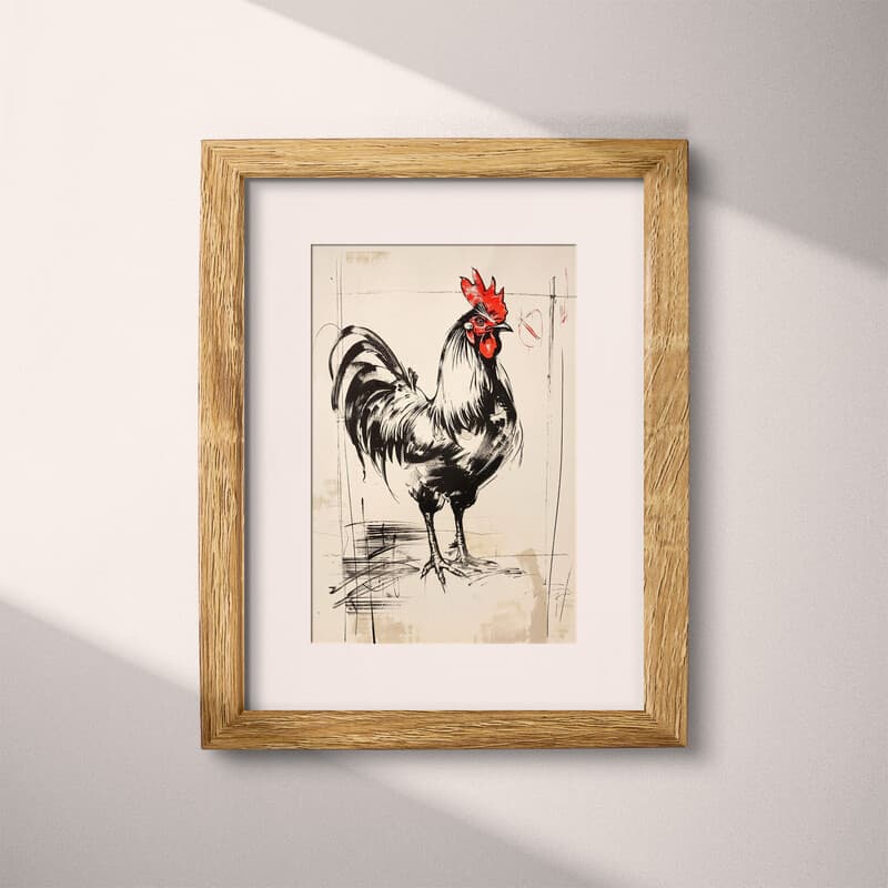 Matted frame view of A farmhouse ink sketch, a rooster