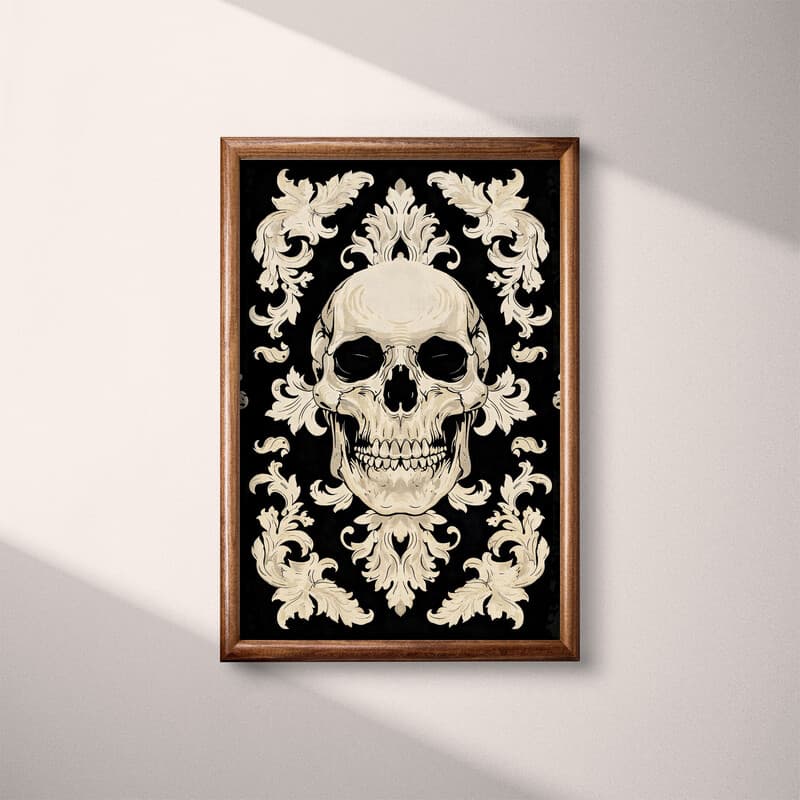 Full frame view of A gothic textile print, symmetric a skull pattern