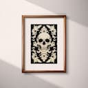 Matted frame view of A gothic textile print, symmetric a skull pattern