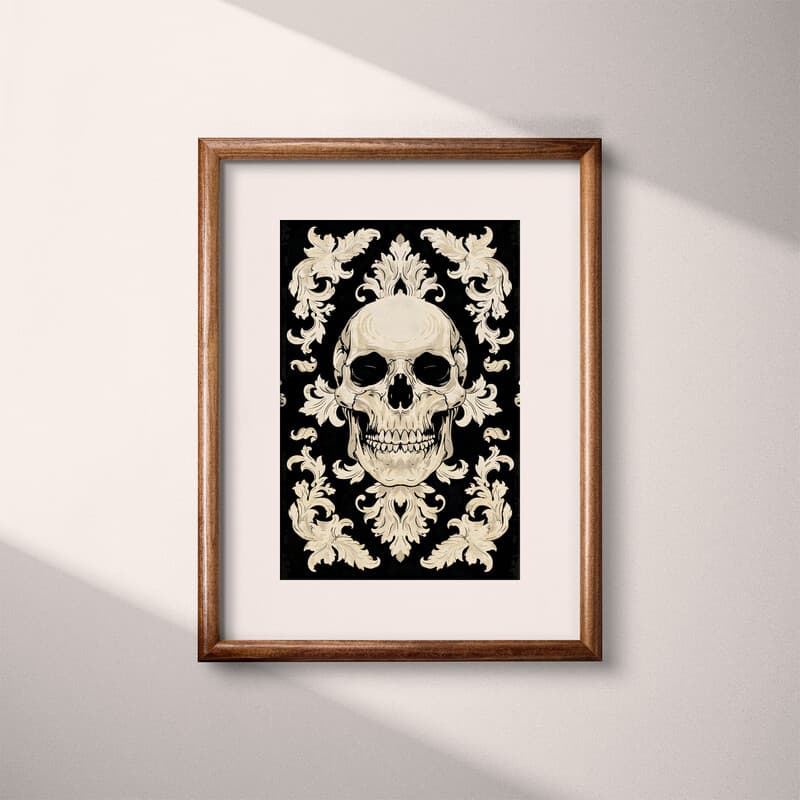 Matted frame view of A gothic textile print, symmetric a skull pattern