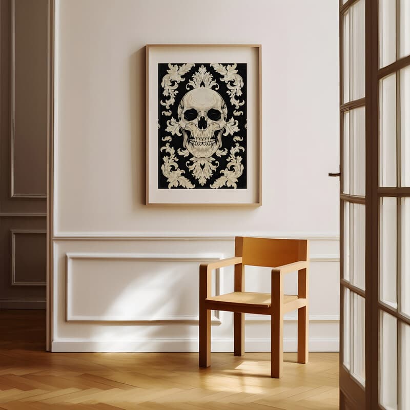 Room view with a matted frame of A gothic textile print, symmetric a skull pattern