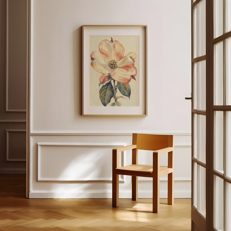 Room view with a matted frame of An art deco pastel pencil illustration, a dogwood flower