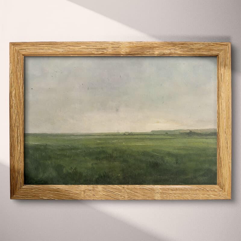 Full frame view of A mid-century oil painting, a green field, gray sky