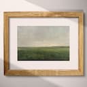 Matted frame view of A mid-century oil painting, a green field, gray sky