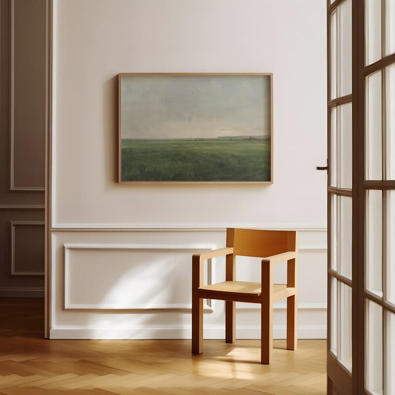 Room view with a full frame of A mid-century oil painting, a green field, gray sky