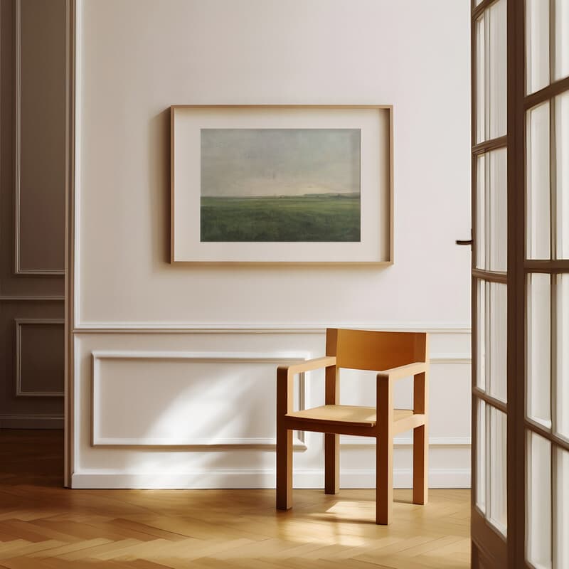 Room view with a matted frame of A mid-century oil painting, a green field, gray sky