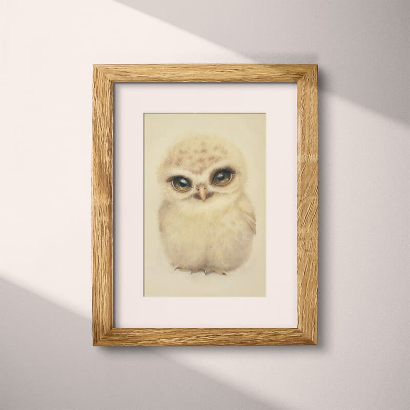 Matted frame view of A cute chibi anime pastel pencil illustration, an owl