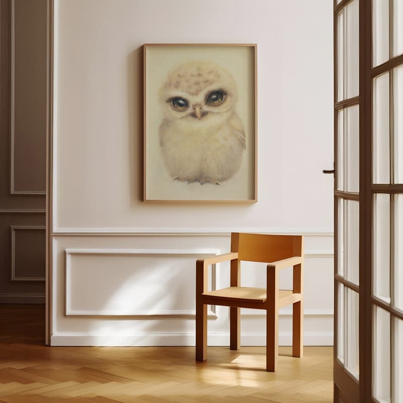 Room view with a full frame of A cute chibi anime pastel pencil illustration, an owl