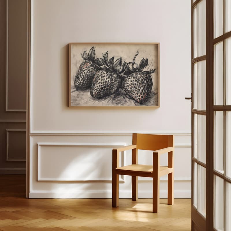 Room view with a full frame of A vintage charcoal sketch, strawberries