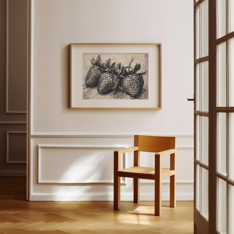 Room view with a matted frame of A vintage charcoal sketch, strawberries