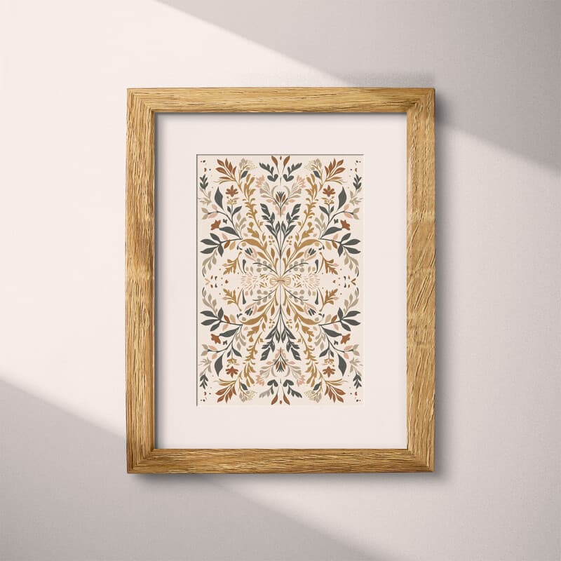 Matted frame view of A botanical linocut print, symmetric botanical pattern