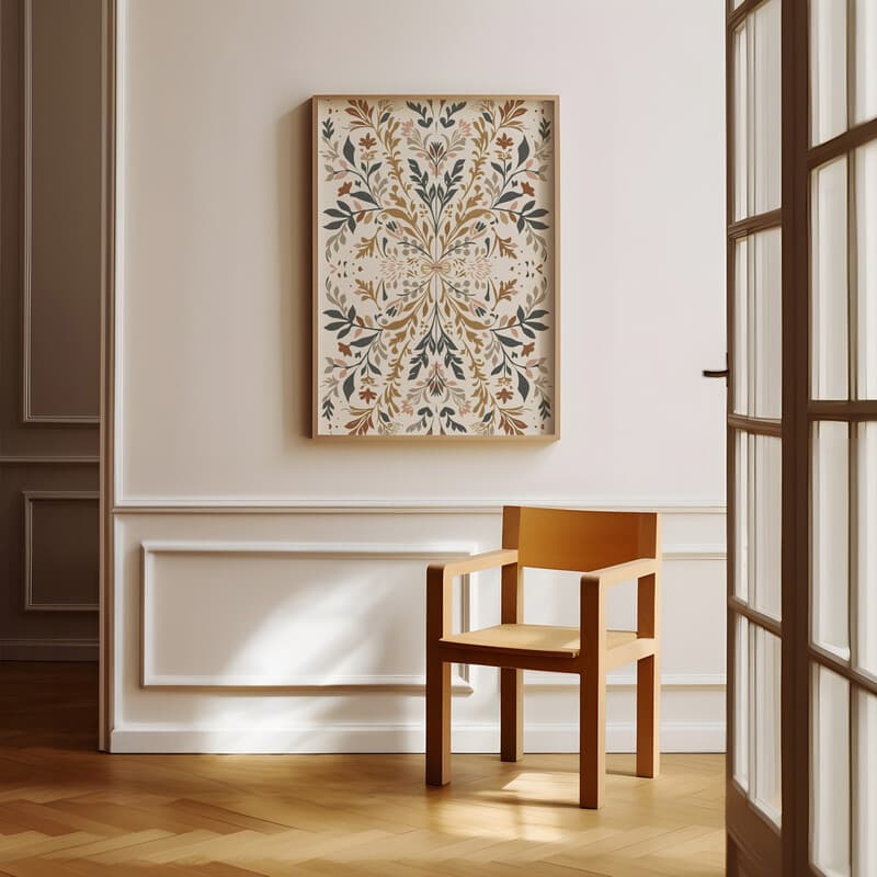 Room view with a full frame of A botanical linocut print, symmetric botanical pattern