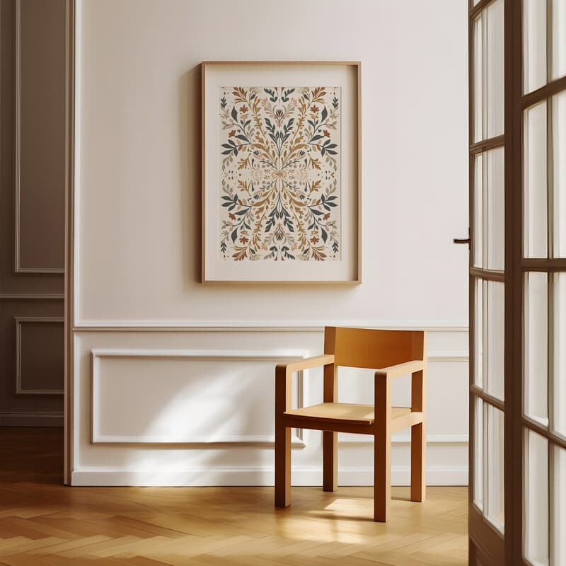 Room view with a matted frame of A botanical linocut print, symmetric botanical pattern