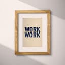 Matted frame view of A minimalist linocut print, the words "WORK"