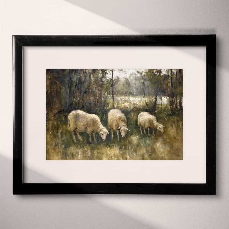 Matted frame view of An impressionist oil painting, sheep grazing on a field